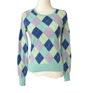 Christopher Fischer Women's S 100% Cashmere Argyle‎ Sweater Blue Pastel Crewneck